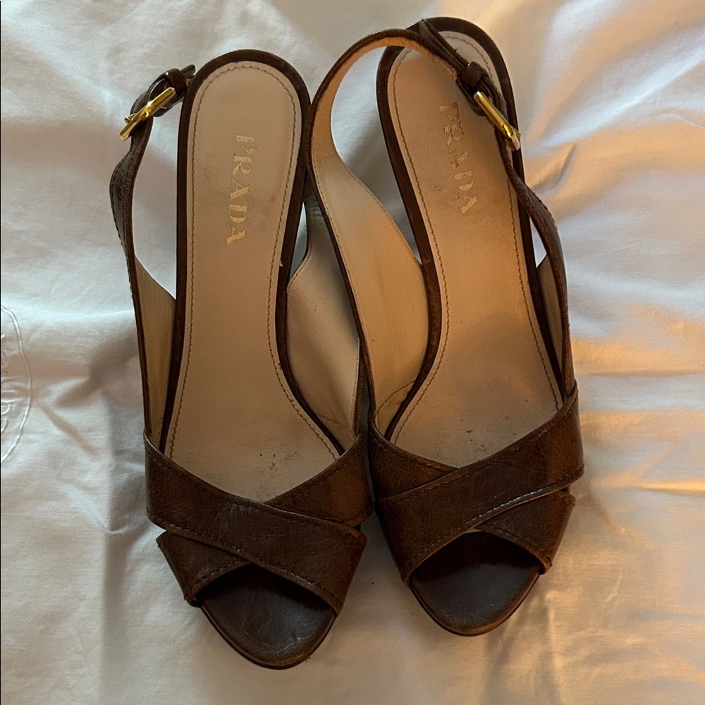 Prada Brown Leather Peep-Toe Slingback Heels